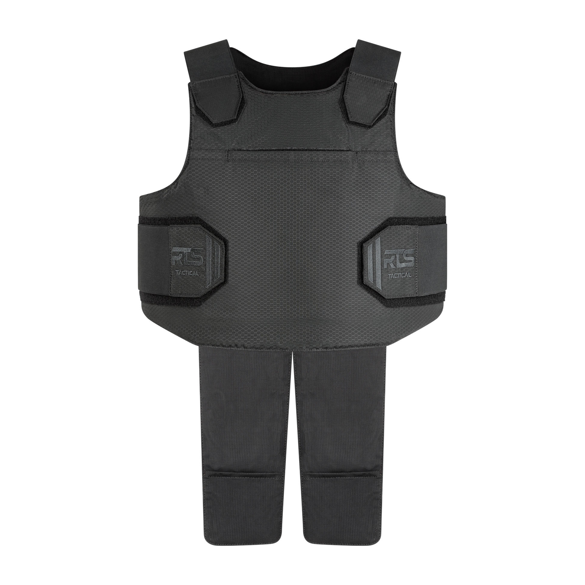 Black tactical vest with side and shoulder protection, featuring adjustable straps. The vest has a rugged, textured surface, conveying durability.