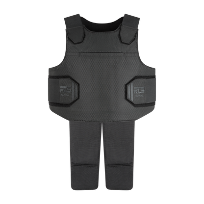 Black tactical vest with side and shoulder protection, featuring adjustable straps. The vest has a rugged, textured surface, conveying durability.