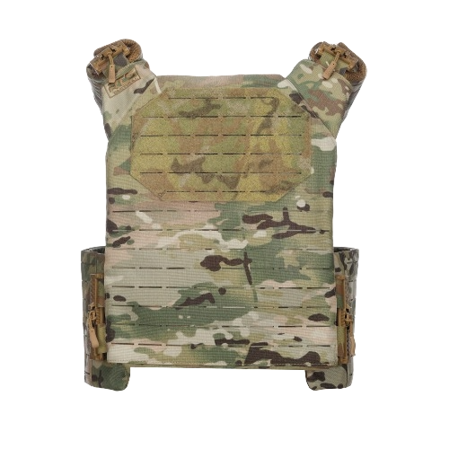 Camouflage patterned tactical vest with shoulder straps and side fastenings. The design is rugged, suggesting military or tactical use.