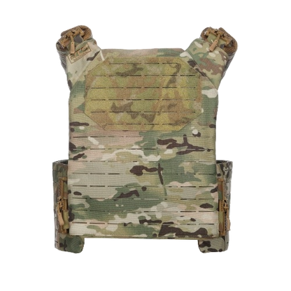 Camouflage patterned tactical vest with shoulder straps and side fastenings. The design is rugged, suggesting military or tactical use.