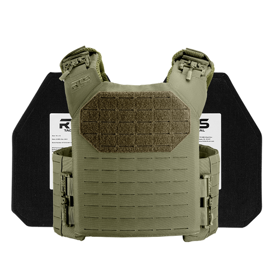 Front view of an RTS Tactical HST quick-release plate carrier in ranger green. Shows a tactical vest-style carrier with adjustable shoulder straps, laser-cut MOLLE paneling on the front and sides, a central hook-and-loop panel for patches, and a structured cummerbund.