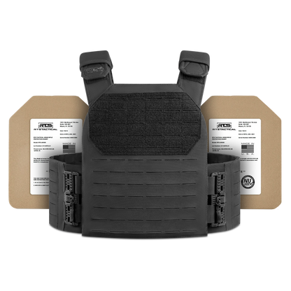 Black tactical vest with adjustable straps, accompanied by two rigid ballistic plates featuring labels.
