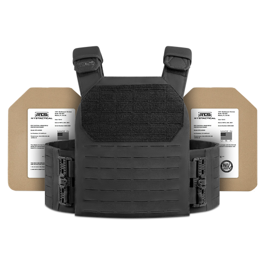 Black tactical vest with adjustable straps, accompanied by two rigid ballistic plates featuring labels.