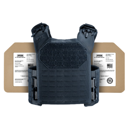 Black tactical vest with two ceramic plates.