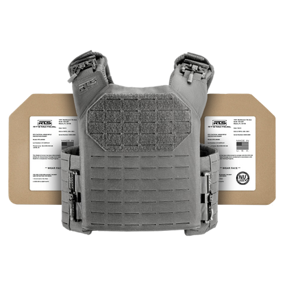 Gray tactical vest with modular webbing is displayed against two brown ballistic plates, each labeled with technical information.