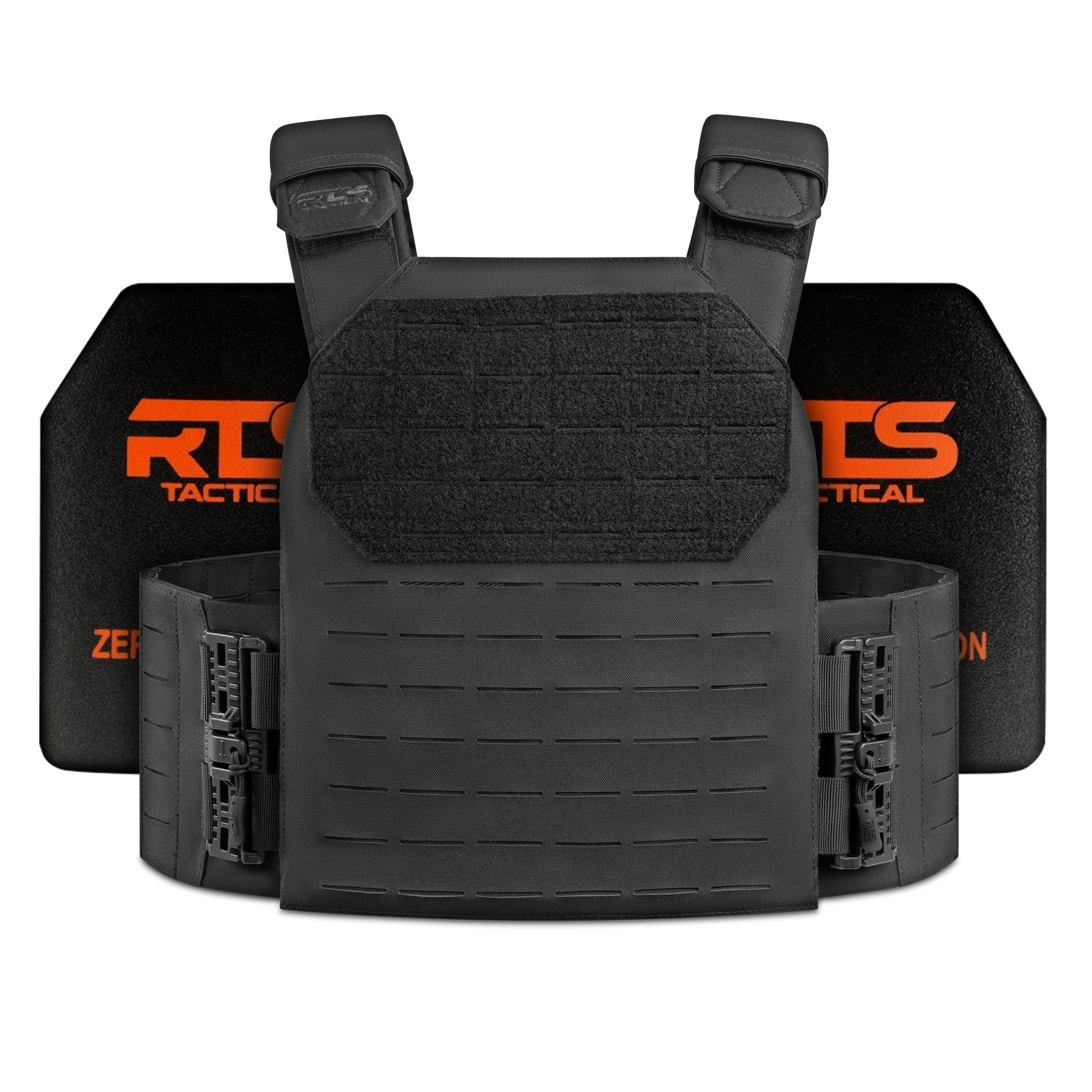 A Level 4 black tactical vest with adjustable straps and armor plates, featuring a Velcro area for attachments
