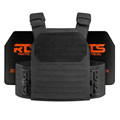 A Level 4 black tactical vest with adjustable straps and armor plates, featuring a Velcro area for attachments