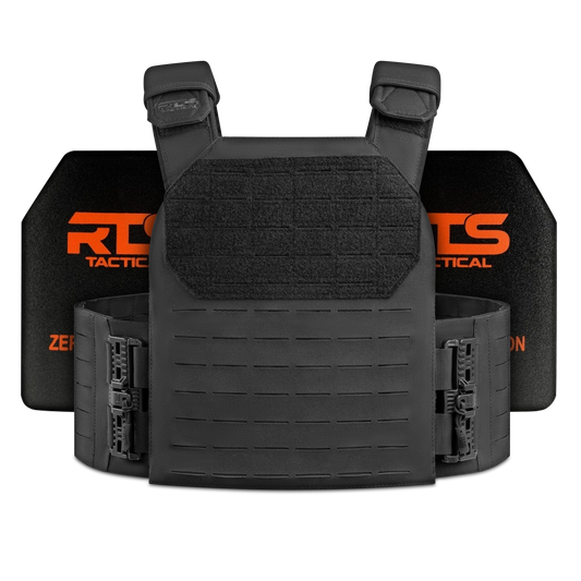 A Level 4 black tactical vest with adjustable straps and armor plates, featuring a Velcro area for attachments
