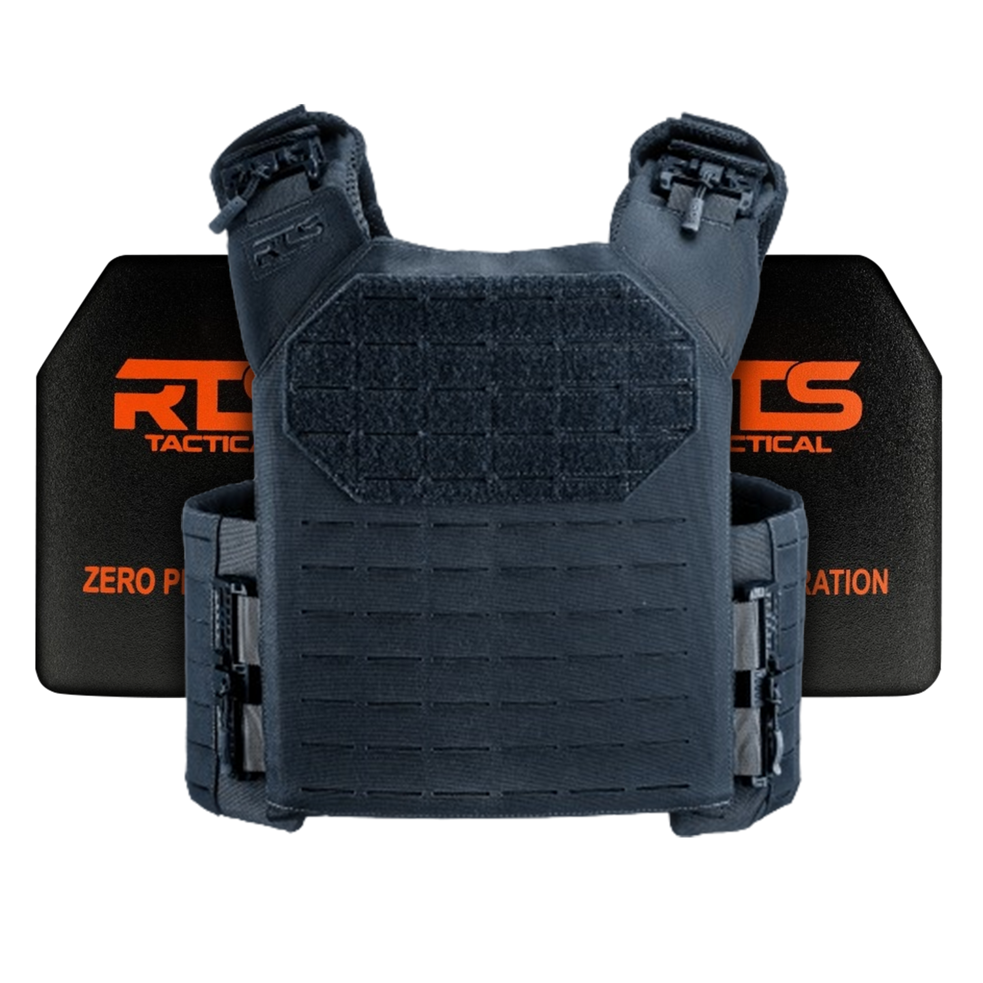Tactical vest with black plates featuring the words "RTS Tactical" in orange text visible in the background. The vest is detailed with straps.