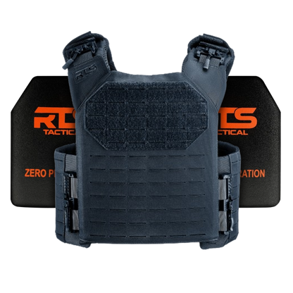 Tactical vest with black plates featuring the words "RTS Tactical" in orange text visible in the background. The vest is detailed with straps.