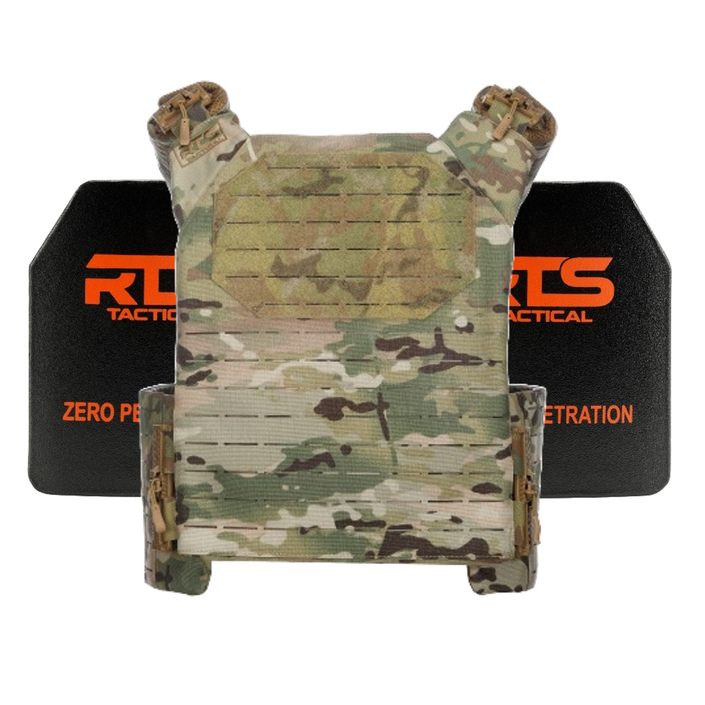 Camouflage tactical vest with abrasion-resistant material is positioned in front of two black ballistic plates labeled "RTS Tactical" and "Zero Penetration" in bold orange text.