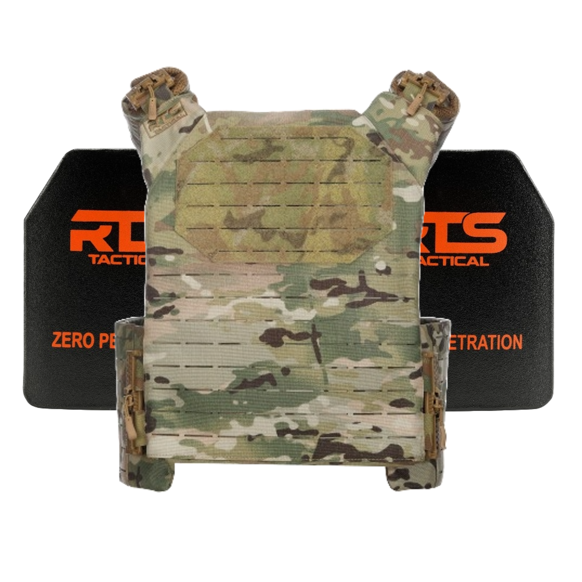 Camouflage tactical vest with abrasion-resistant material is positioned in front of two black ballistic plates labeled "RTS Tactical" and "Zero Penetration" in bold orange text.