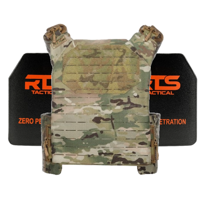 Camouflage tactical vest with abrasion-resistant material is positioned in front of two black ballistic plates labeled "RTS Tactical" and "Zero Penetration" in bold orange text.