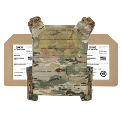 Camouflage tactical vest with two protective armor plates in the background, labeled and angled.