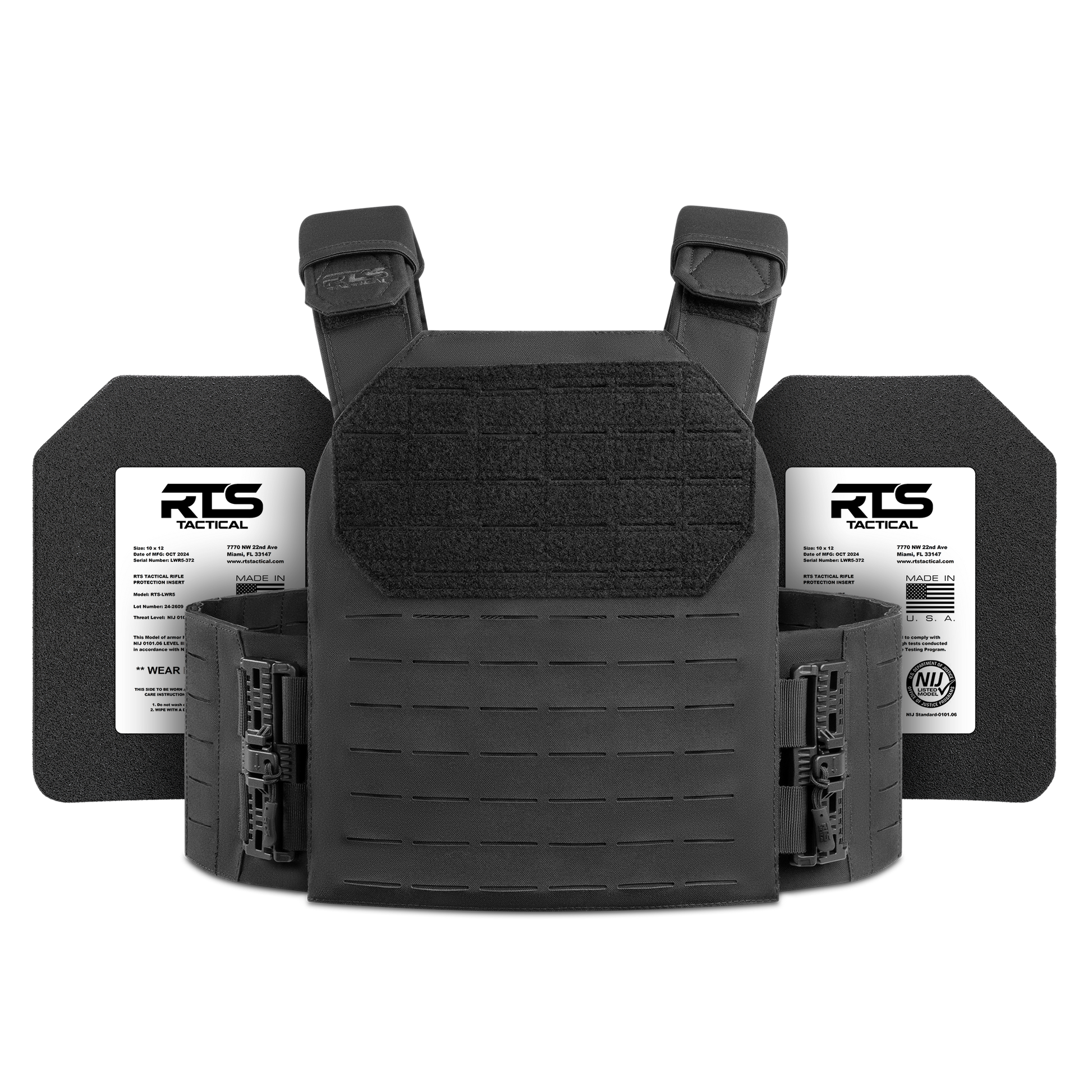Tactical black vest with adjustable straps and attached side plates, displaying a rugged, sturdy design. Conveys resilience and protection.