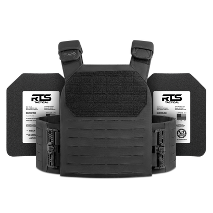 Tactical black vest with adjustable straps and attached side plates, displaying a rugged, sturdy design. Conveys resilience and protection.