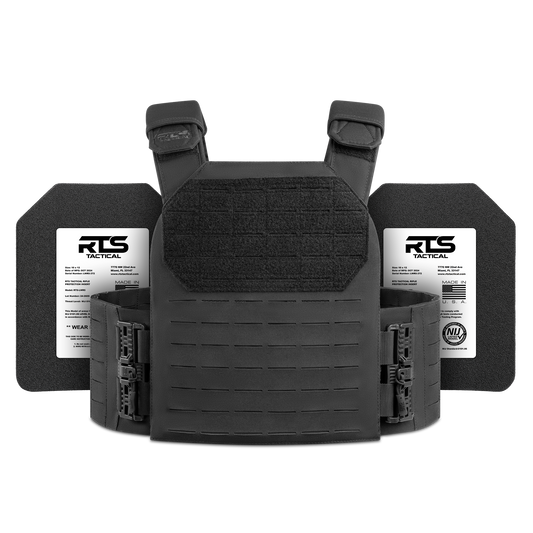 Tactical black vest with adjustable straps and attached side plates, displaying a rugged, sturdy design. Conveys resilience and protection.