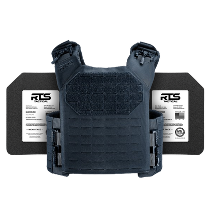 Dark blue tactical vest with two black ballistic plates labeled "RTS Tactical." The vest has rugged textures and adjustable straps, conveying reliability and protection.