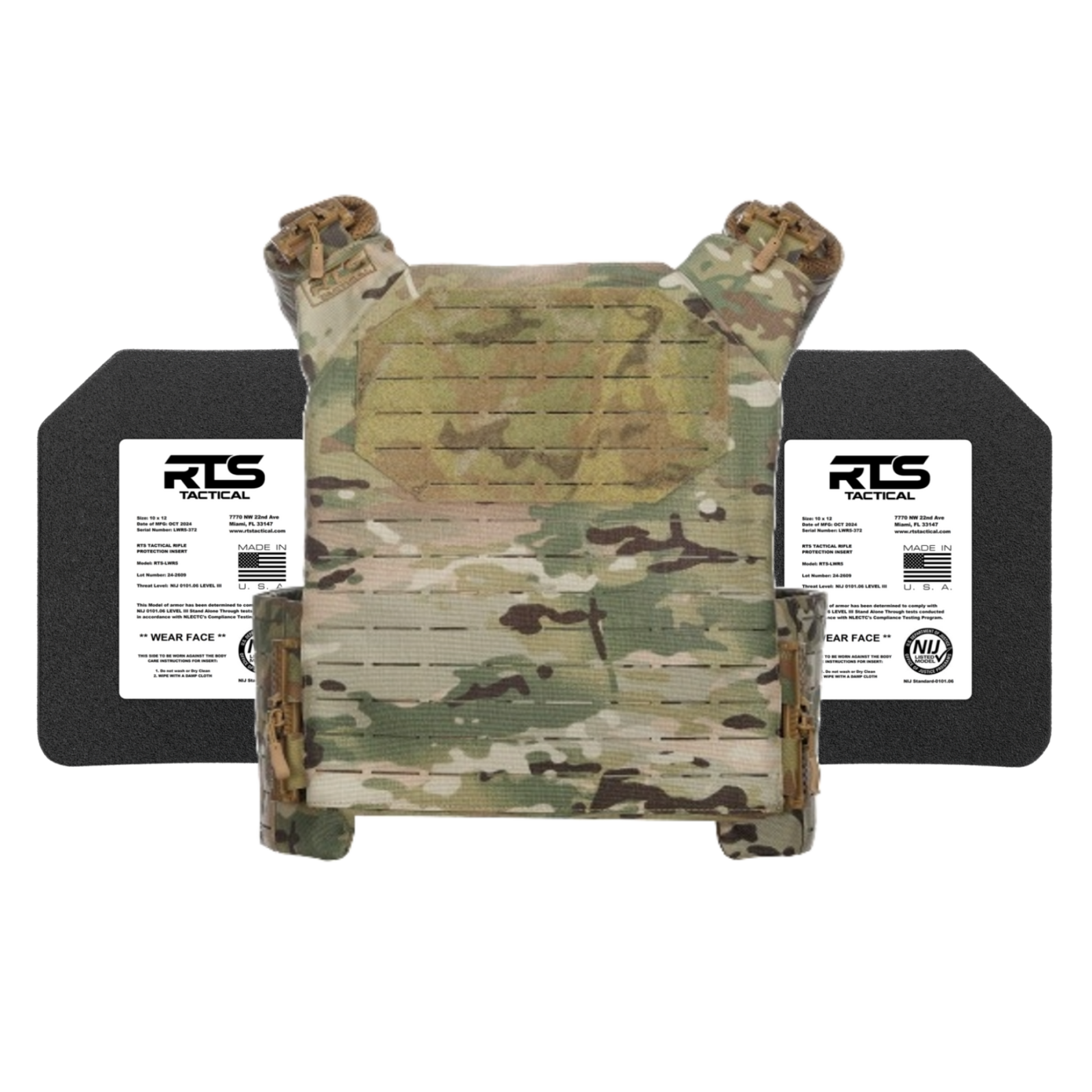 Camouflage tactical vest with RTS Tactical branding, placed in front of two black protective plates labeled with specifications.