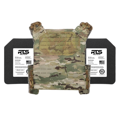 Camouflage tactical vest with RTS Tactical branding, placed in front of two black protective plates labeled with specifications.