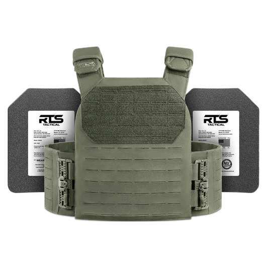 A green tactical plate carrier is displayed with two ballistic plates and labels visible on the sides.