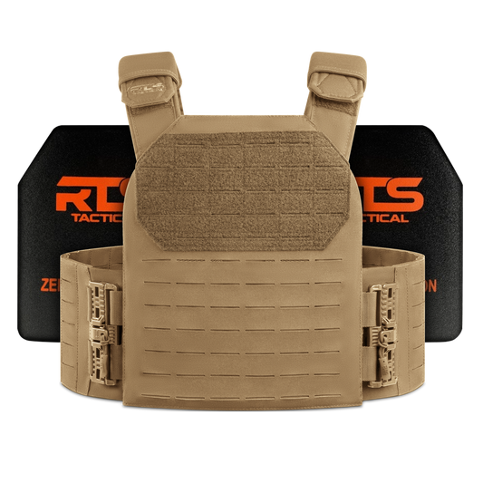 A tan tactical vest is displayed with black ballistic plates in the background, showcasing its practical design features.