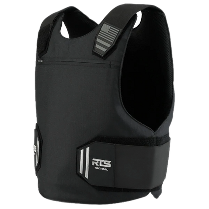 A black tactical vest with a sleek design, featuring adjustable straps and RTS Tactical branding.