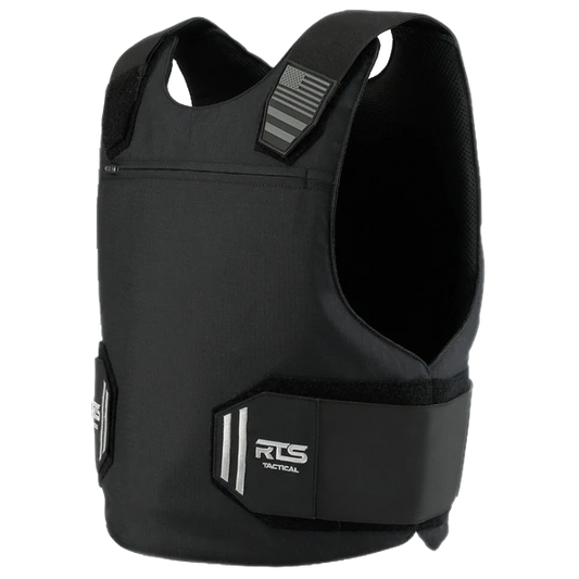 A black tactical vest with a sleek design, featuring adjustable straps and RTS Tactical branding.