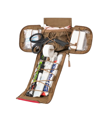 Open IFAK pouch filled with scissors, tape, glue tubes, markers, and small adhesive strips