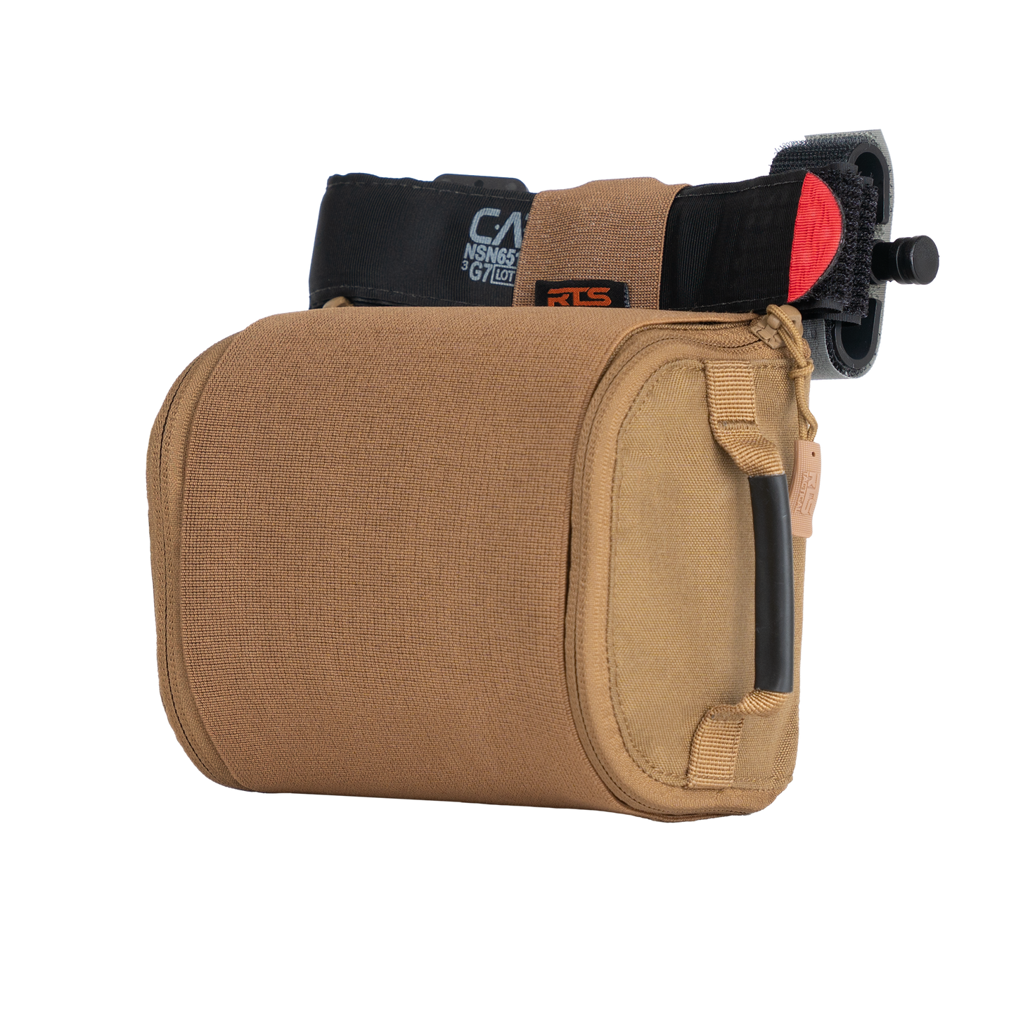 Portable IFAK pouch filled with medical equipment, including a tourniquet attached to the top.