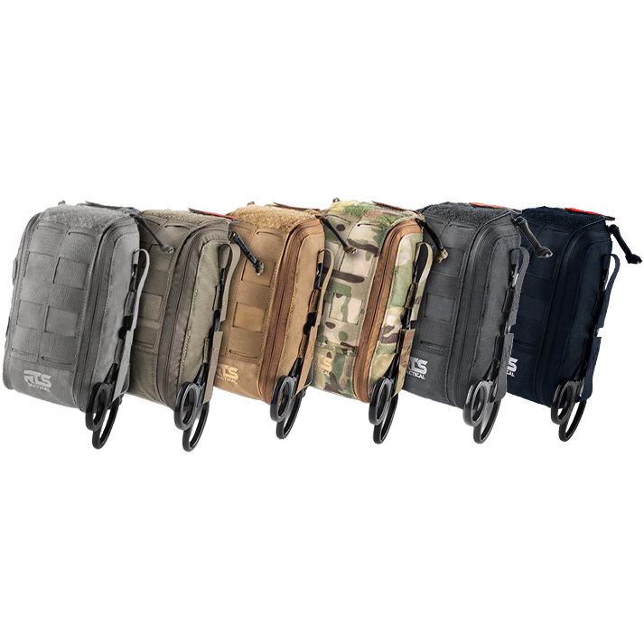 Five tactical IFAK pouches in gray, olive, brown, camouflage, and black are aligned side by side, each with scissors attached.