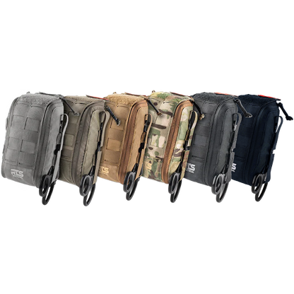 Five tactical IFAK pouches in gray, olive, brown, camouflage, and black are aligned side by side, each with scissors attached.