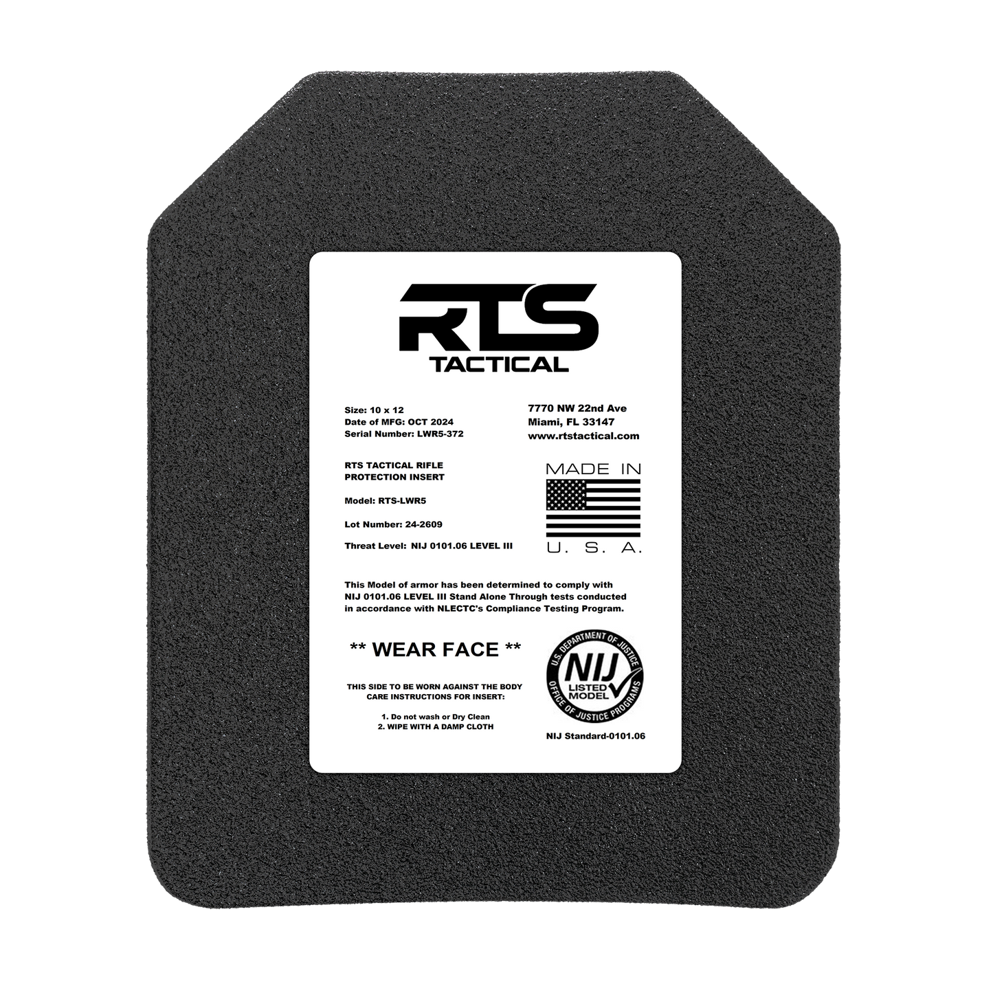 A black ballistic plate with a white label from RTS Tactical. The label details model, size, and compliance standards.