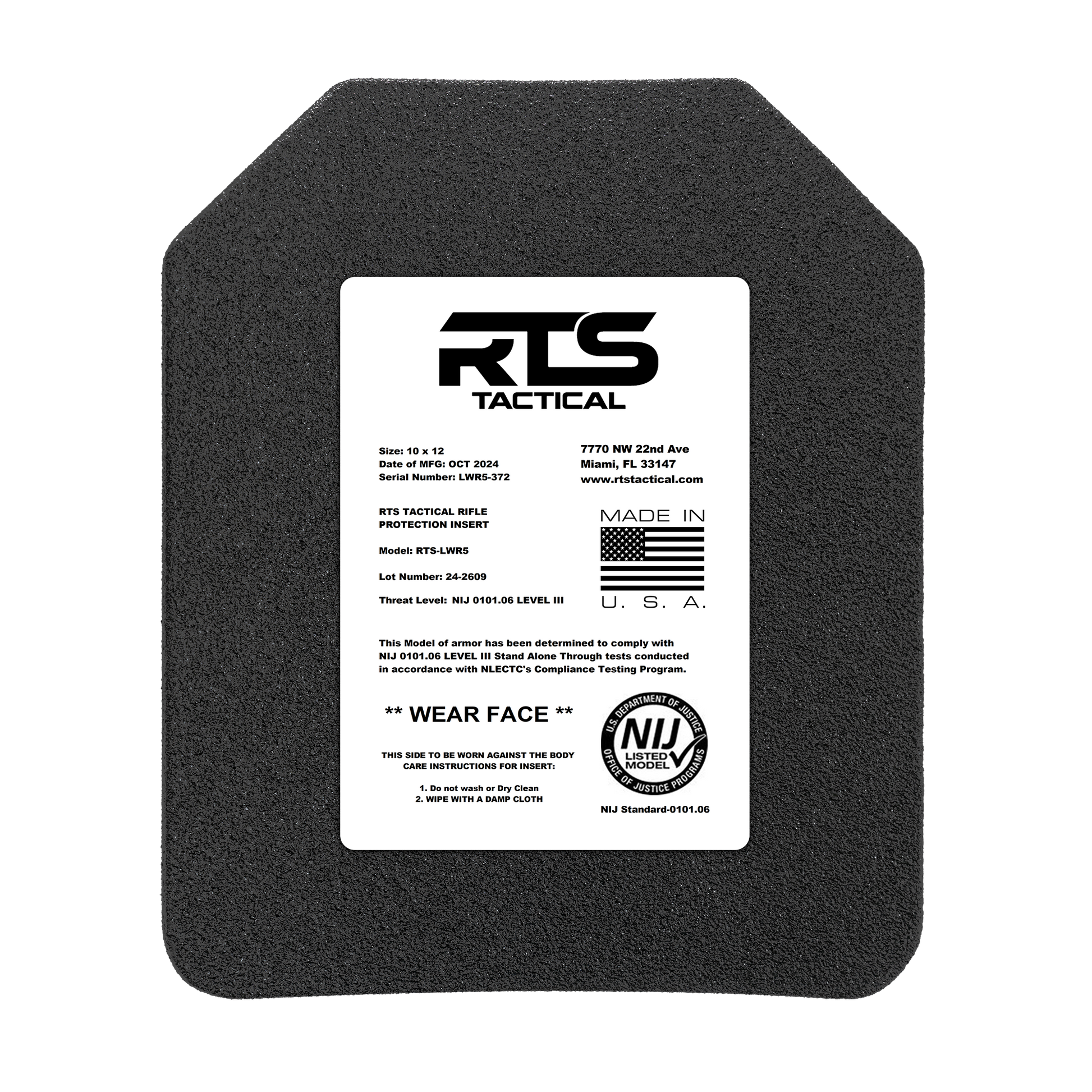 A black ballistic plate with a white label from RTS Tactical. The label details model, size, and compliance standards.