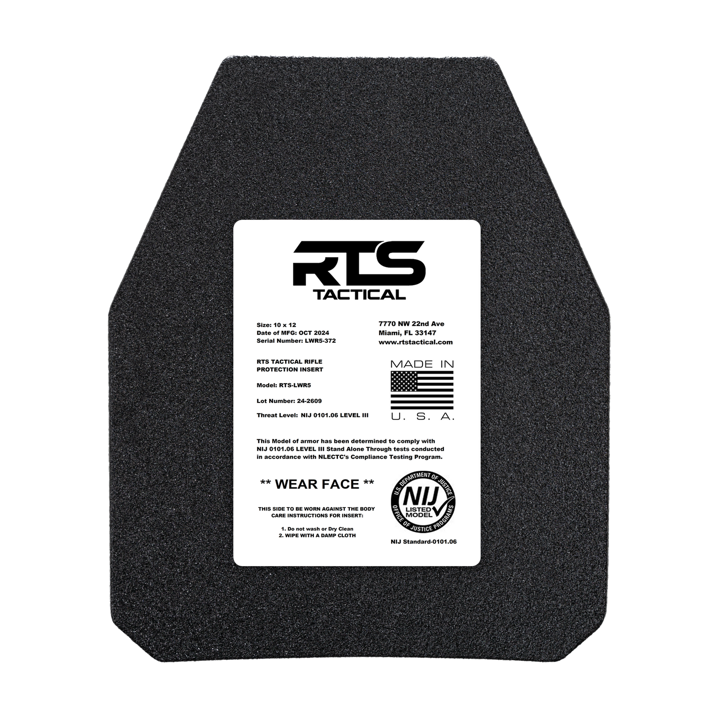 A black, hexagonal bulletproof plate with a white label at the center. The label features RTS Tactical branding, product details, and handling instructions.