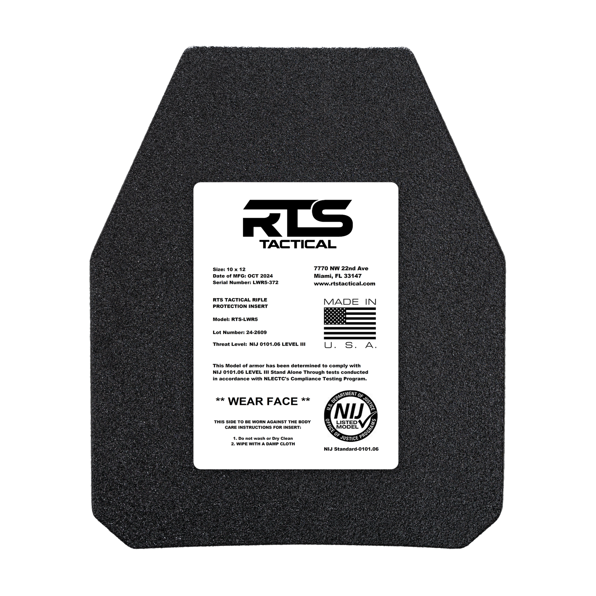 A black, hexagonal bulletproof plate with a white label at the center. The label features RTS Tactical branding, product details, and handling instructions.