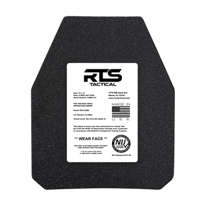 A black, hexagonal bulletproof plate with a white label at the center. The label features RTS Tactical branding, product details, and handling instructions.