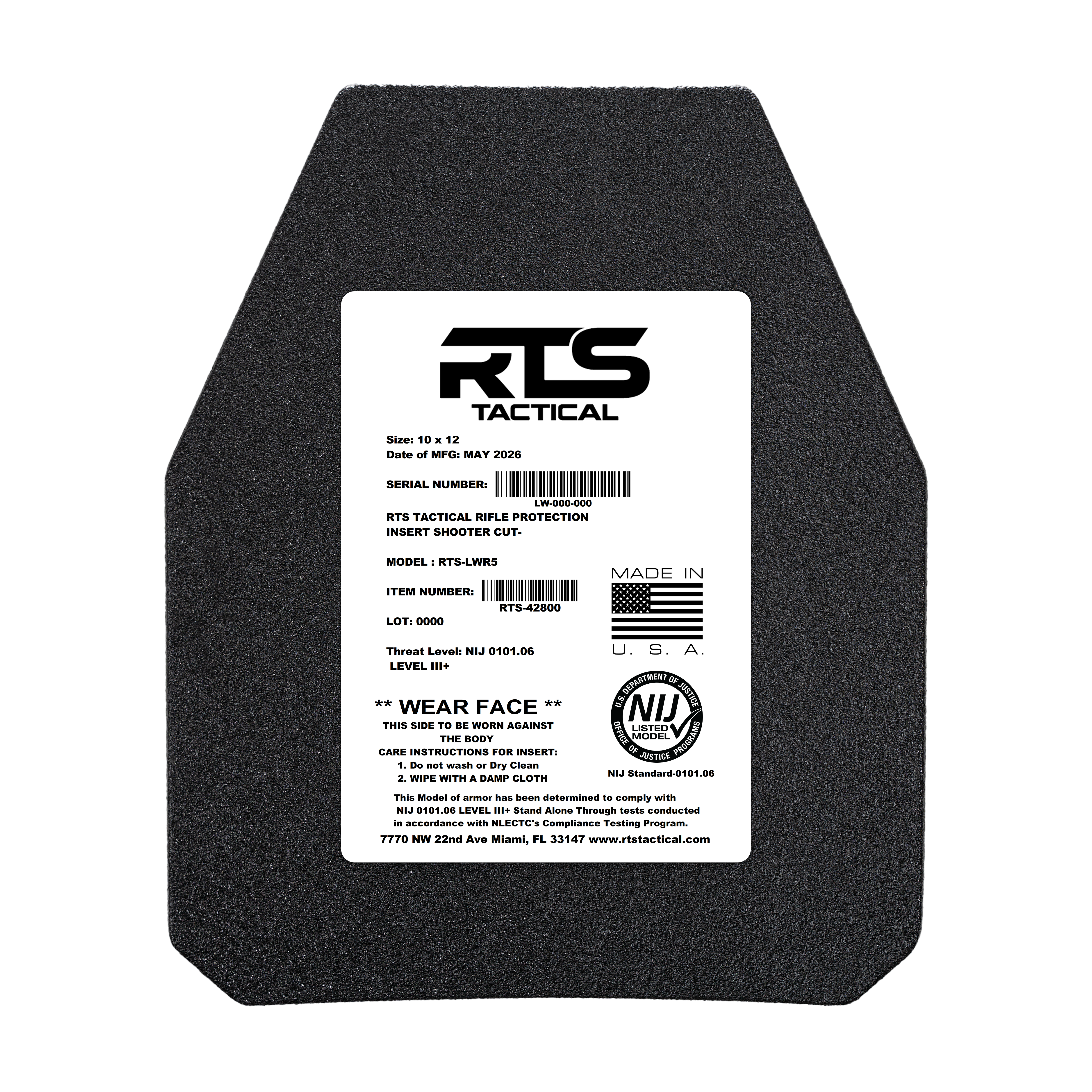 RTS Tactical LWR5 Rifle Special Threats NIJ 0101.06 Level III+ Insert - 10X12