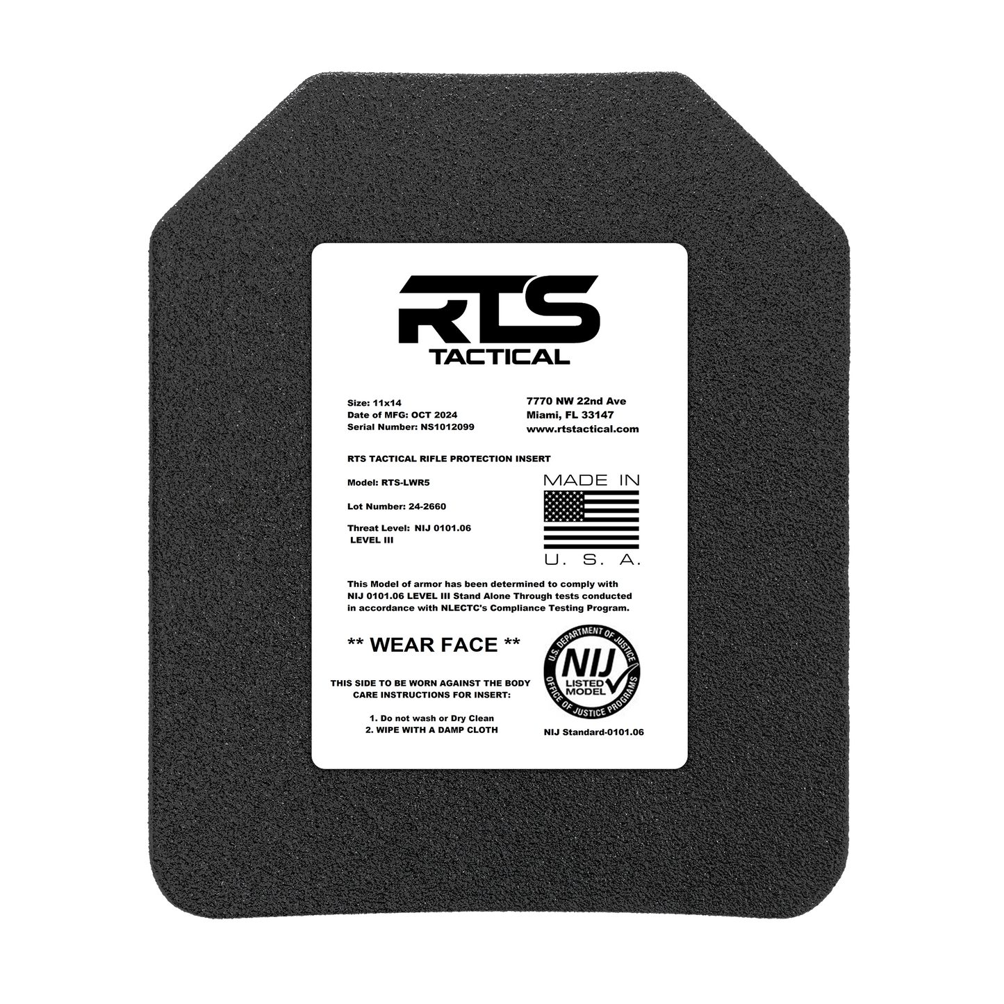 A black ballistic plate with a white label from RTS Tactical. The label details model, size, and compliance standards.