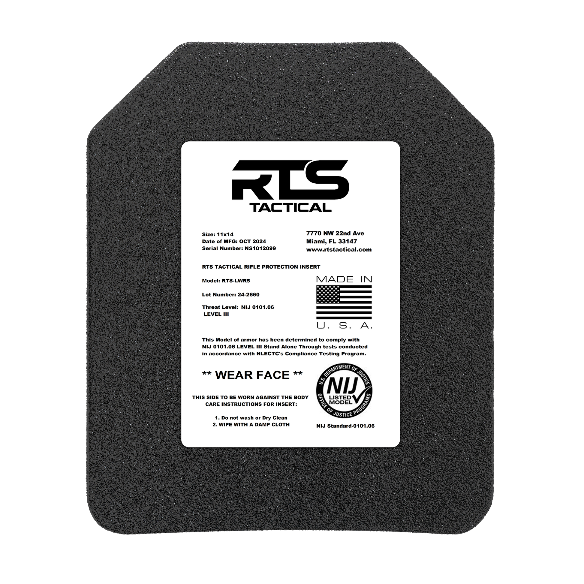 A black ballistic plate with a white label from RTS Tactical. The label details model, size, and compliance standards.