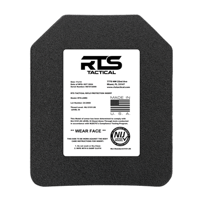 A black ballistic plate with a white label from RTS Tactical. The label details model, size, and compliance standards.