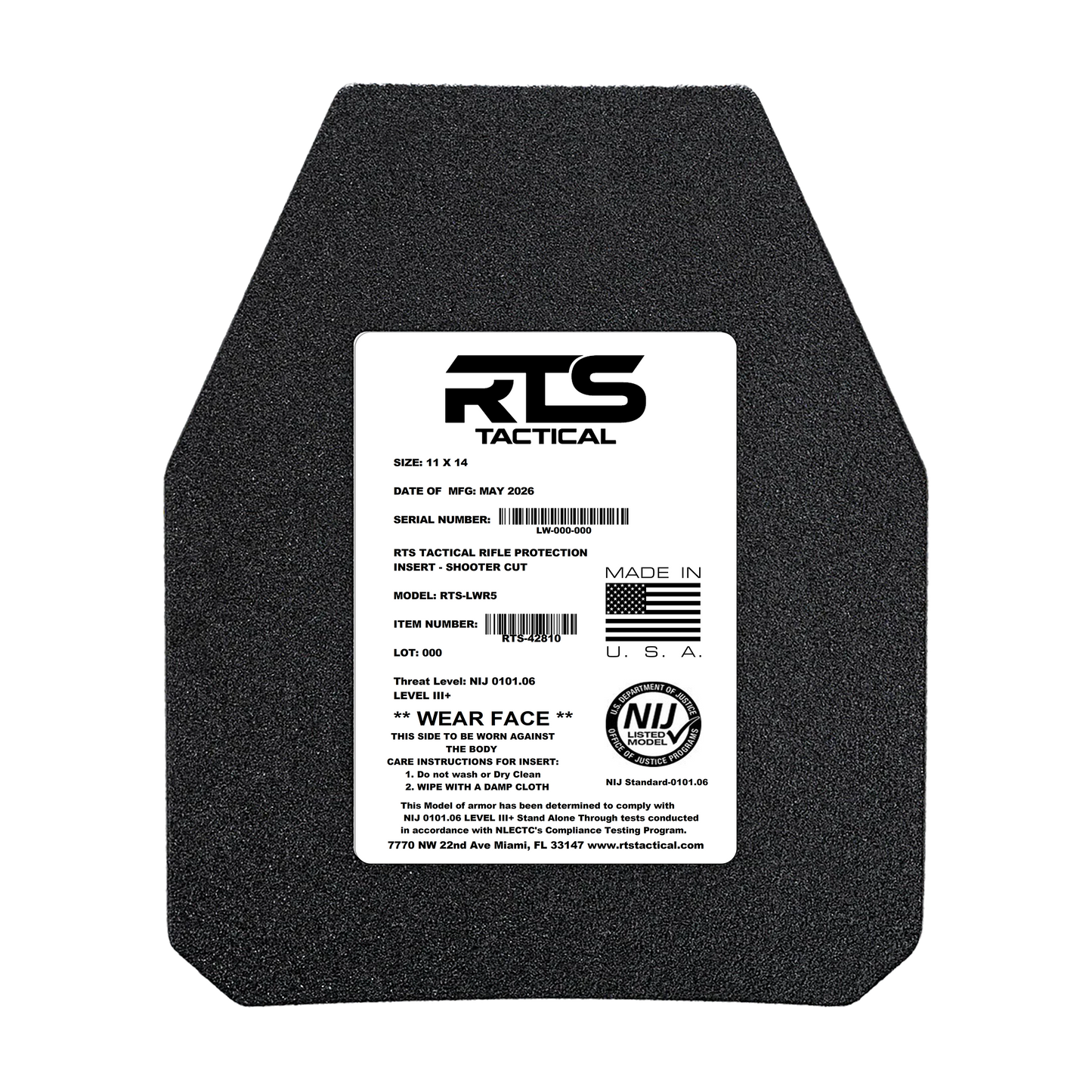 RTS Tactical LWR5 Rifle Special Threats NIJ 0101.06 Level III+ Insert - 11X14