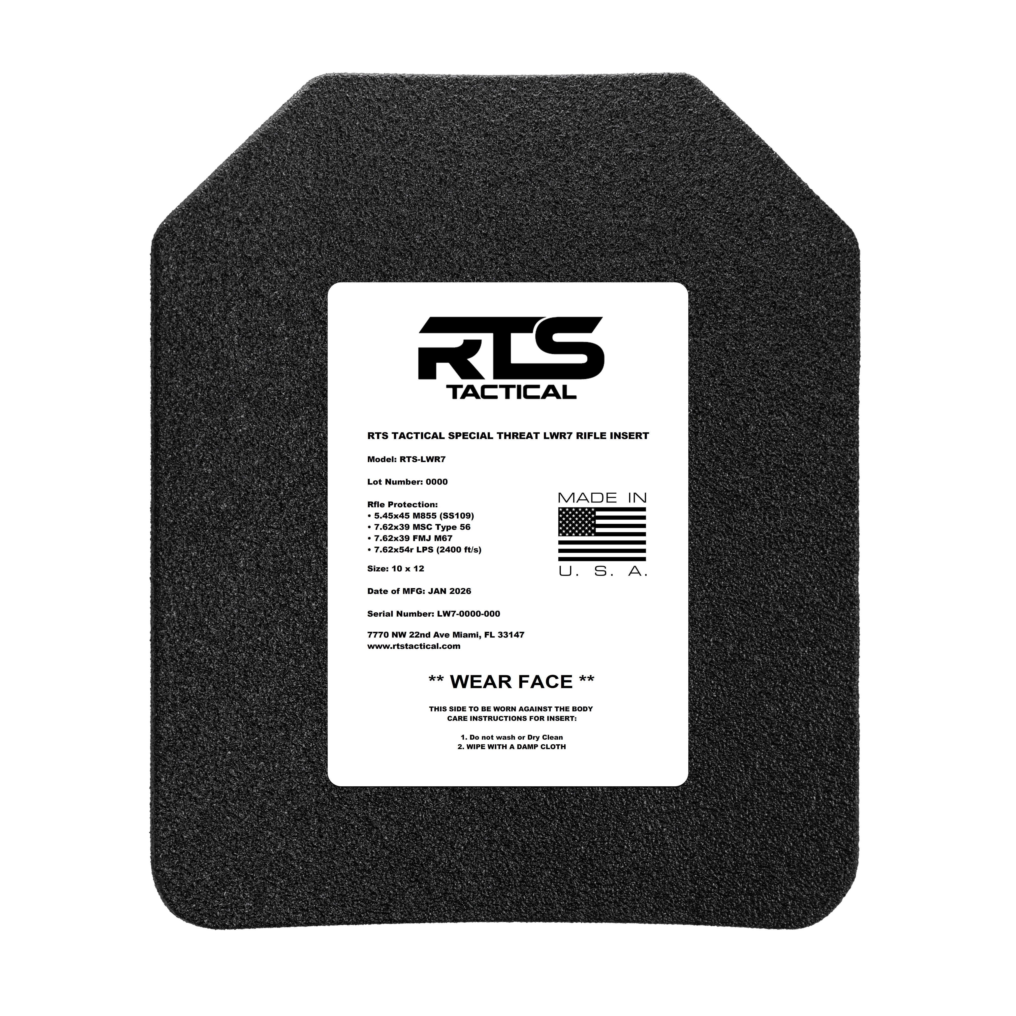 Black ballistic armor plate with a white label detailing specifications and care instructions.