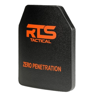 A zero penetration RTS Tactical ceramic body armor plate.
