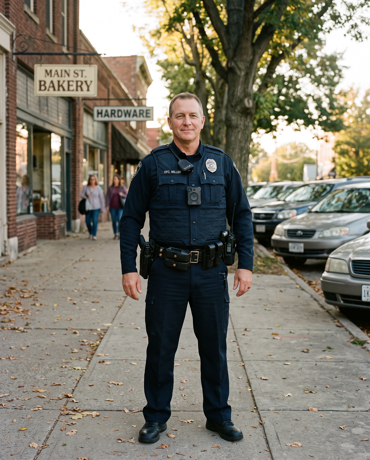 A male police officer in a dark navy blue uniform stands on a city sidewalk in front of a brick bakery and parked cars.