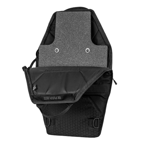 An open ballistic shield carrier with a shield inside
