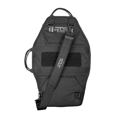 Black tactical plate case against a white background, featuring a hexagonal pattern, handle on top, adjustable shoulder strap, and RTS branding.