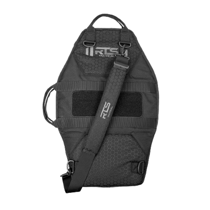 Black tactical plate case against a white background, featuring a hexagonal pattern, handle on top, adjustable shoulder strap, and RTS branding.