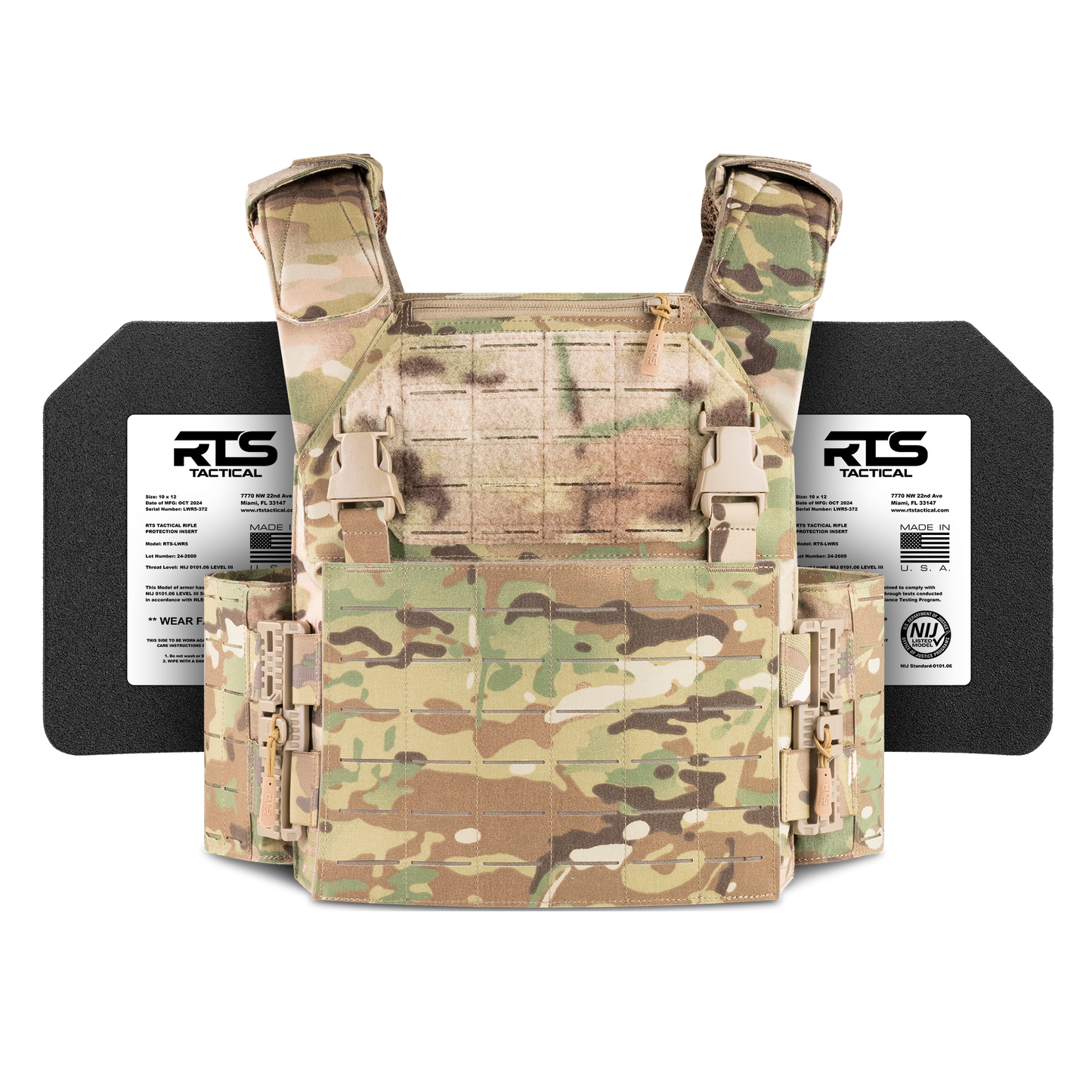 Camouflage tactical vest with adjustable straps and buckle closures, set against two black protective panels labeled "RTS Tactical."