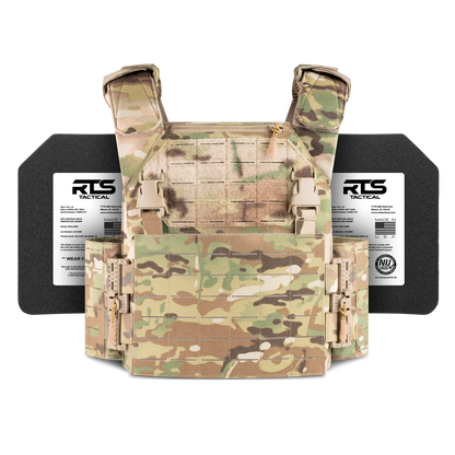 Camouflage tactical vest with adjustable straps and buckle closures, set against two black protective panels labeled "RTS Tactical."